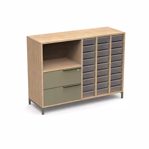 Armoire mélaminé Nouvelle Vague l. 130 x h. 98 cm - 1 niche 2 tiroirs à gauche - 27 bacs tiroirs à droite