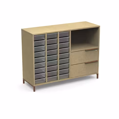 Armoire mélaminé Nouvelle Vague l. 130 x h. 98 cm - 1 niche 2 tiroirs à droite - 27 bacs tiroirs à gauche