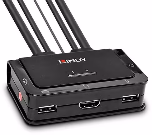 Commutateur KVM Lindy 42340 - 2 HDMI 4K, USB, audio câbles intégrés - alimentation