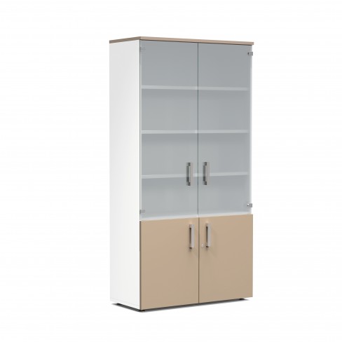 Bibliothèque mélaminé Obade - h. 197 x l. 100 cm - portes battantes et haut verre translucide
