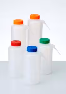 Pissette intégrale ronde, col large, 500 ml avec cap rouge, jaune, bleu, vert et orange