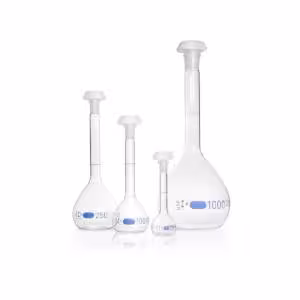 Fiole jaugée DURAN, grad bleue, Classe A, certif individuel, trait de jauge et cap en PE, RIN 24/29, 1000 ml x 2