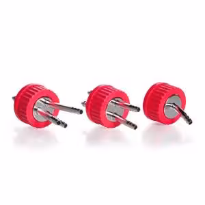 Raccord GL 45 DURAN, capuchon à vis rouge, PBT, GL 45, avec deux ports en inox