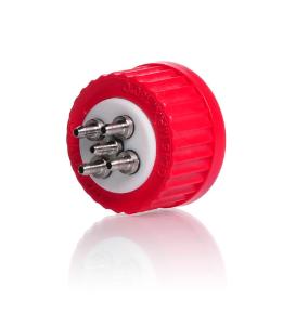 Raccord GL 45 DURAN, cap à vis rouge PBT, insert pour cap à vis en PTFE, avec deux ports en inox