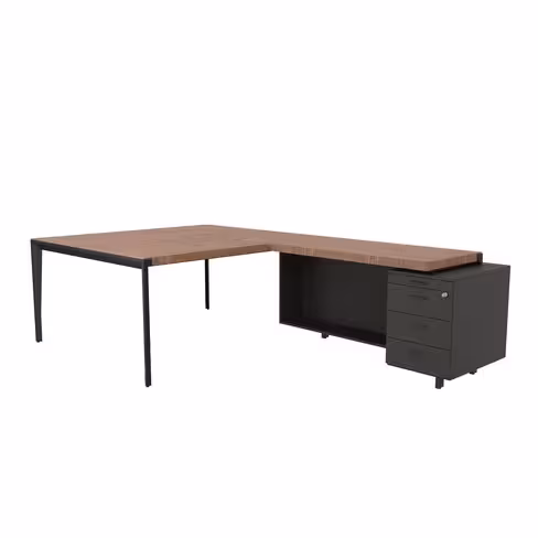 Bureau droit placage bois X-Time Wood - l. 141 x p. 141 cm + retour sur caisson laqué 3 tiroirs plats