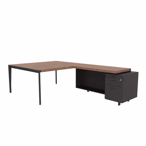 Bureau droit placage bois X-Time Wood - l. 141 x p. 141 cm + retour sur caisson laqué 1 tiroir plat + 1 dossier suspendu