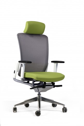 Fauteuil de bureau E8 - assise tissu et dossier résille Knit - piét. aluminium poli - avec appui-tête - avec presta.