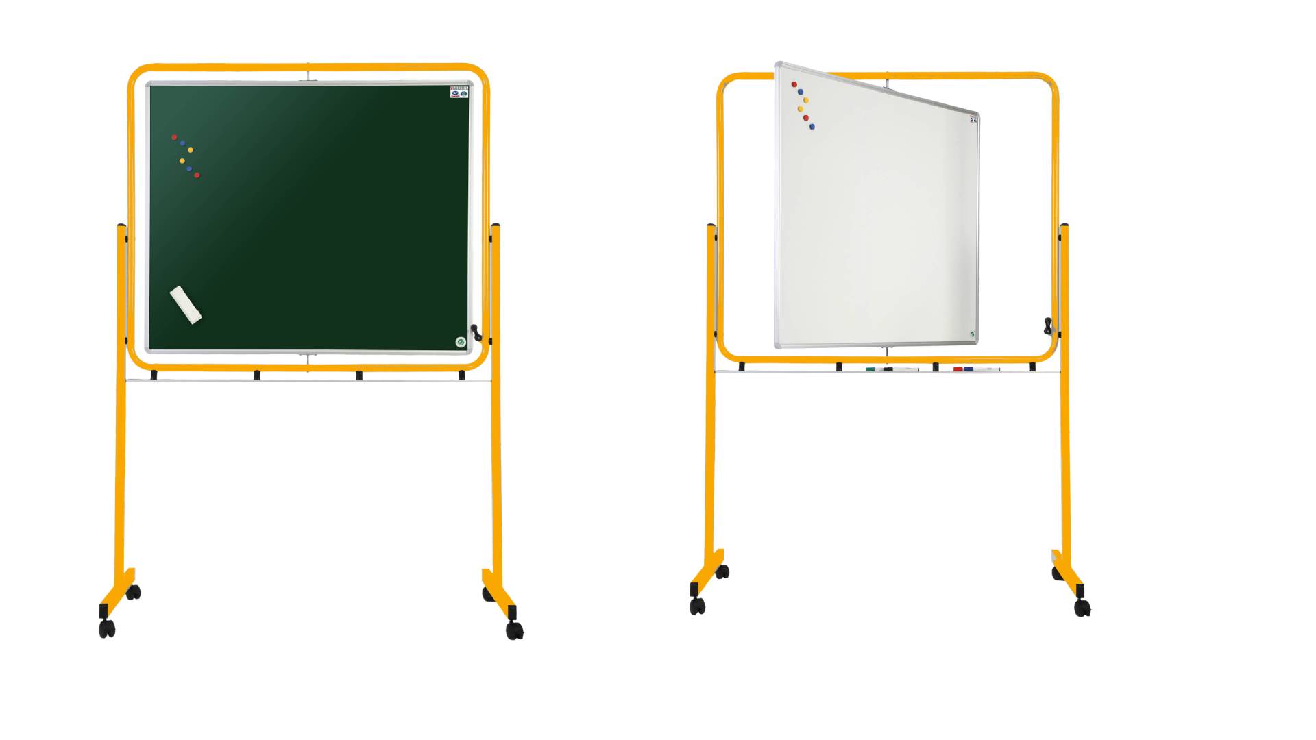 Tableau pivotant sur pieds avec roulettes 1 face verte et 1 face blanche - 120 x 100 cm - fond mixte