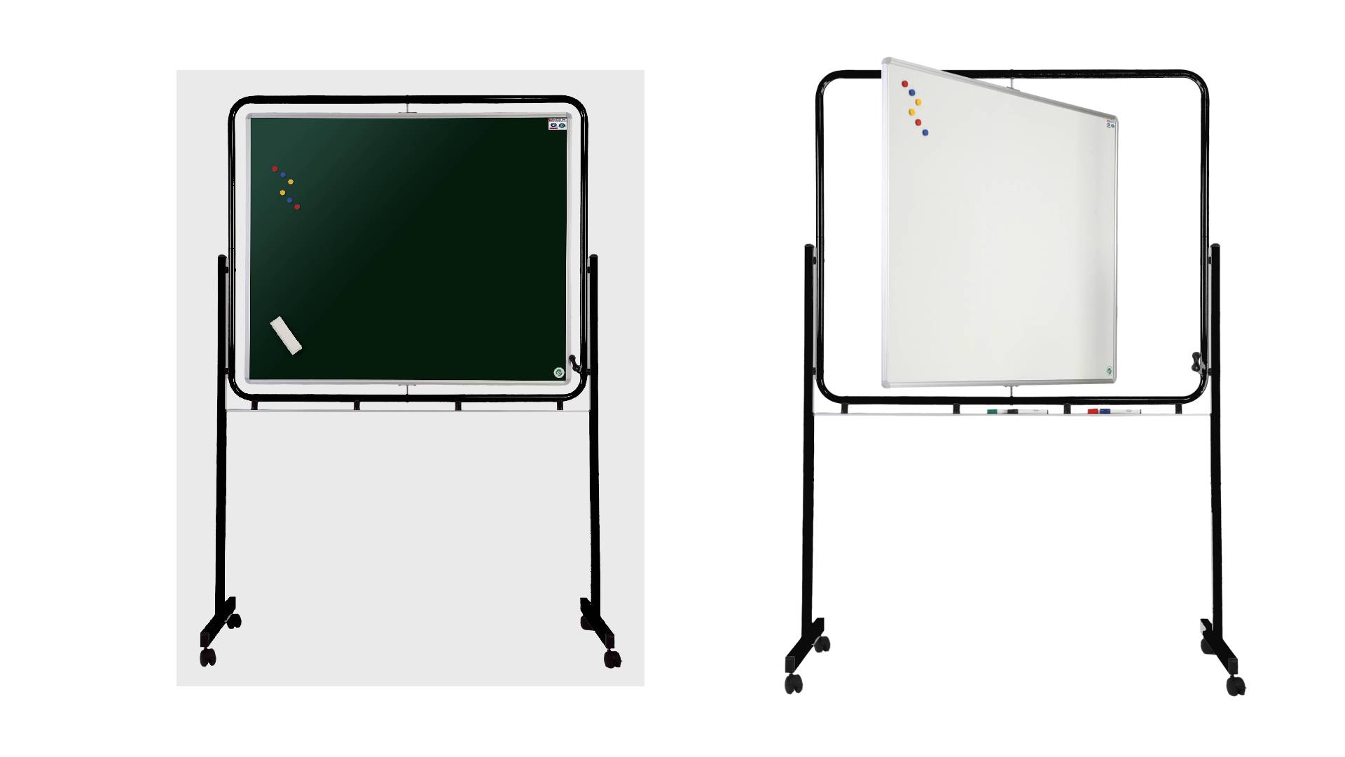 Tableau pivotant sur pieds avec roulettes 1 face verte et 1 face blanche - 120 x 100 cm - fond mixte