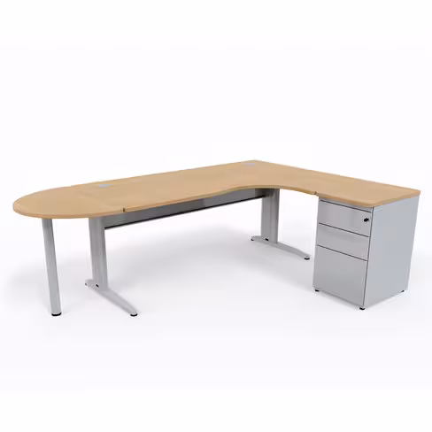 Bureau compact 90° asymétrique Corial - l. 180 x l. 120 x pr 80-60 cm + convivialité demi-lune + caisson h. bureau retour