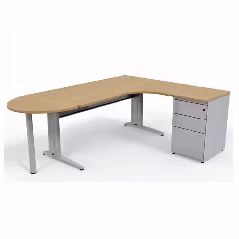 Bureau compact 90° asymétrique Corial - l. 160 x l. 120 x pr 80-60 cm + convivialité demi-lune + caisson h. bureau retour