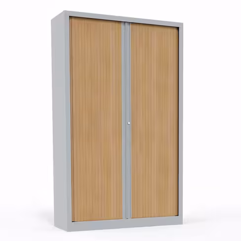 Armoire métallique Corial - h. 198 x l. 120 cm - 4 tablettes - façade décor bois - fermeture rideaux
