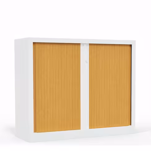Armoire métallique Corial - h. 100 x l. 120 cm - 2 tablettes - façade décor bois - fermeture rideaux