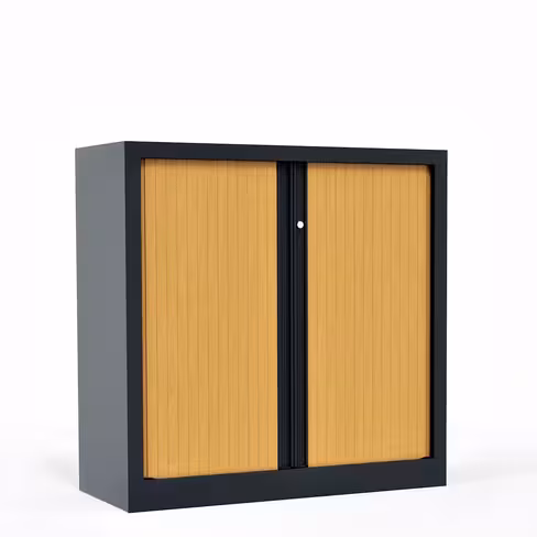 Armoire métallique Corial - h. 100 x l. 100 cm - 2 tablettes - façade décor bois - fermeture rideaux