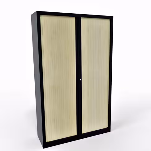 Armoire métallique Corial - h. 198 x l. 120 cm - 4 tablettes - façade décor bois - fermeture rideaux - délai court