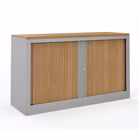 Armoire hauteur bureau métallique Corial - l. 120 cm - 1 tablette - façade décor bois - fermeture rideaux