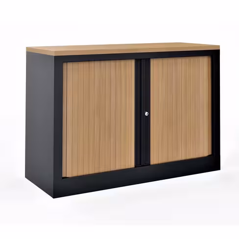 Armoire hauteur bureau métallique Corial - l. 100 cm - 1 tablette - façade décor bois - fermeture rideaux