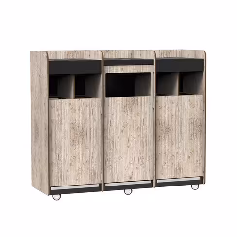 Poubelle tri sélectif Solea - habillage stratifié compact pin vieilli - 134 x 104 x 54,8 cm - noir sablé -