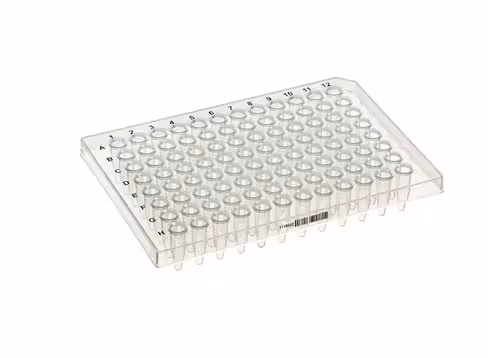 Plaque 96 puits PCR 0,2 ml low profile rigide certifiée à demi-jupe bords droits naturel avec code-barre x 100