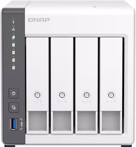 Serveur NAS/NVR QNAP, format tour, équipé de quad-core ARM Cortex A55 avec 4 Baies format SATA 3.5'' ou 2.5''