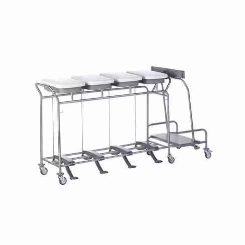Chariot porte-sacs Hygicar III avec pédale - 4 sacs en ligne avec collecteur et couvercle