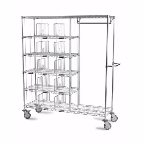 Chariot nominatif 15 casiers et penderie Hygirack 4 montants l. 1520 x pr. 457 x h. 1780 mm - 4 roues pivotantes Ø 125 mm