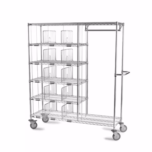 Chariot Hygirack 15 casiers + penderie 300 mm 4 montants 1220 x 457 x 1780 mm - 4 roues pivotantes Ø 125 mm