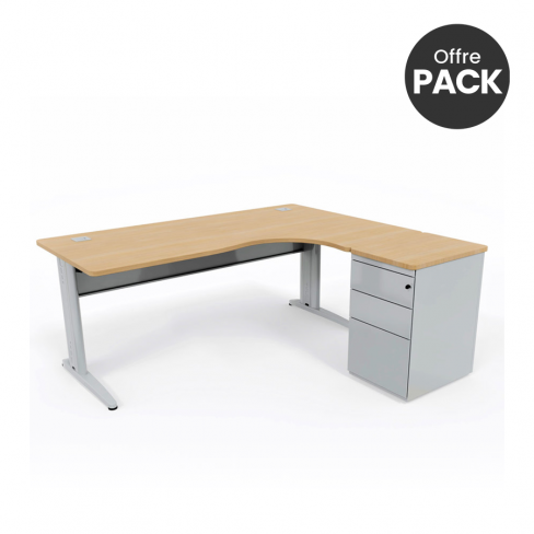 Offre pack : Bureau compact 90° asymétrique Corial - l. 180 x l.120 pr. 80-60 cm + caisson hauteur bureau