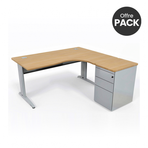 Offre pack : Bureau compact 90° asymétrique Corial - l. 160 x l.120 pr. 80-60 cm + caisson hauteur bureau