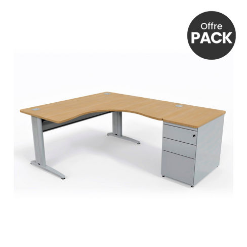 Offre pack : Bureau compact 90° symétrique Corial - l. 160 x pr. 80 cm + caisson hauteur bureau