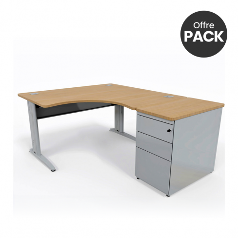 Offre pack : Bureau compact 90° symétrique Corial - l. 140 x pr. 80 cm + caisson hauteur bureau