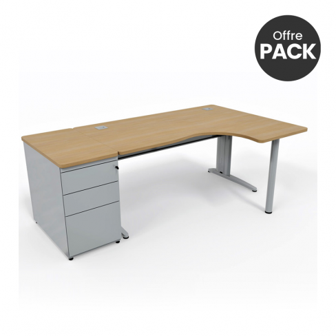 Offre pack : Bureau compact 90° asymétrique Corial - l. 160 x l. 120 x pr. 80-60 cm + caisson hauteur bureau -