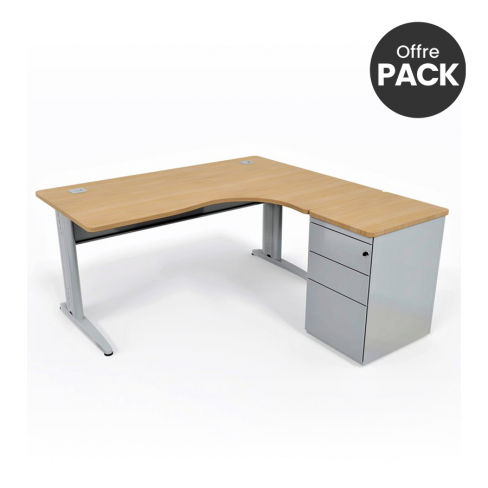Offre pack : Bureau compact 90° asymétrique Corial - l. 160 x l. 120 x pr. 80-60 cm + caisson hauteur bureau