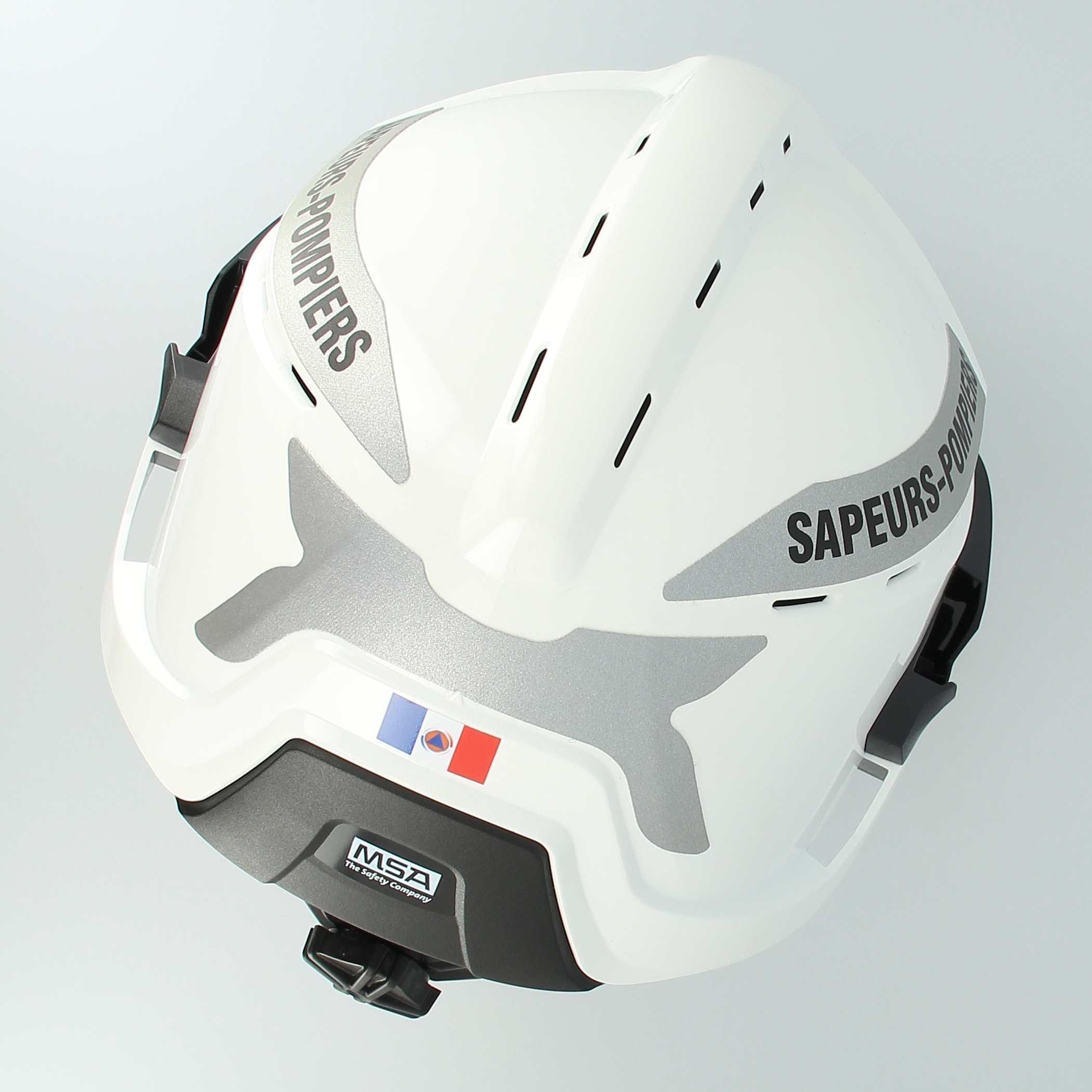 Casque F2XR type A2 - peinture standard - lunettes amovibles - support lampe - bandes rétro grises marquage SP