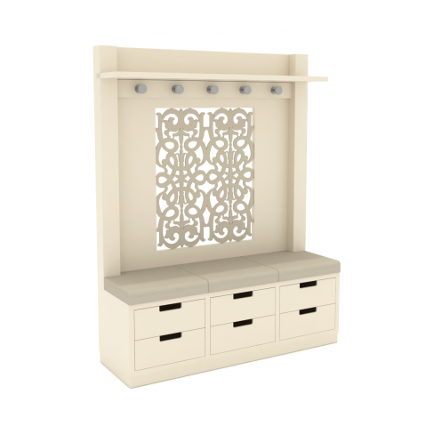 Meuble vestiaire porte manteau - l. 141 x h. 180 x pr 48 cm structure hêtre laqué Beige Bouleau - assise tissu enduit