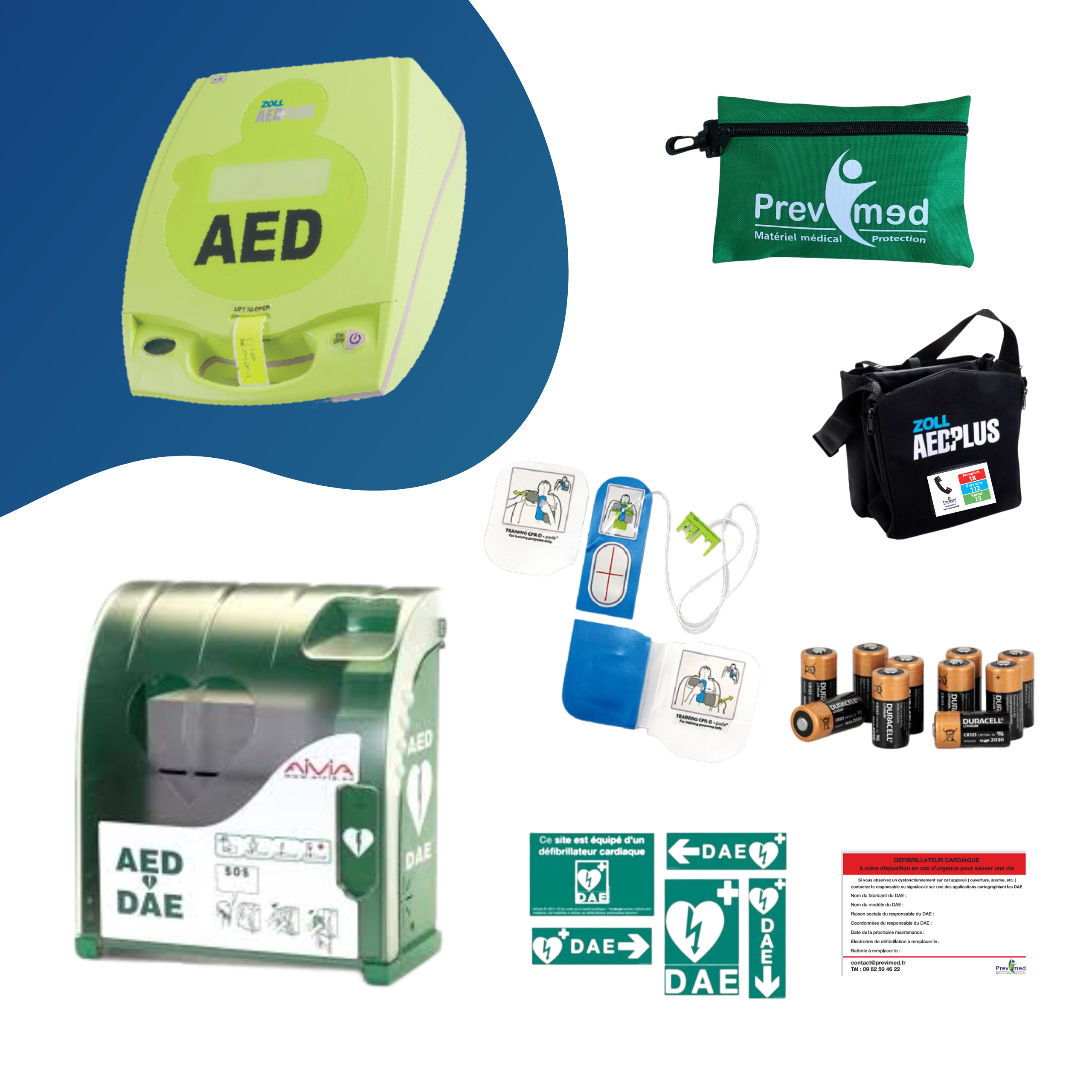 Pack intérieur : DEA Zoll AED+, armoire Aivia 100 (avec alarme), kit de premiers secours, signalétiques