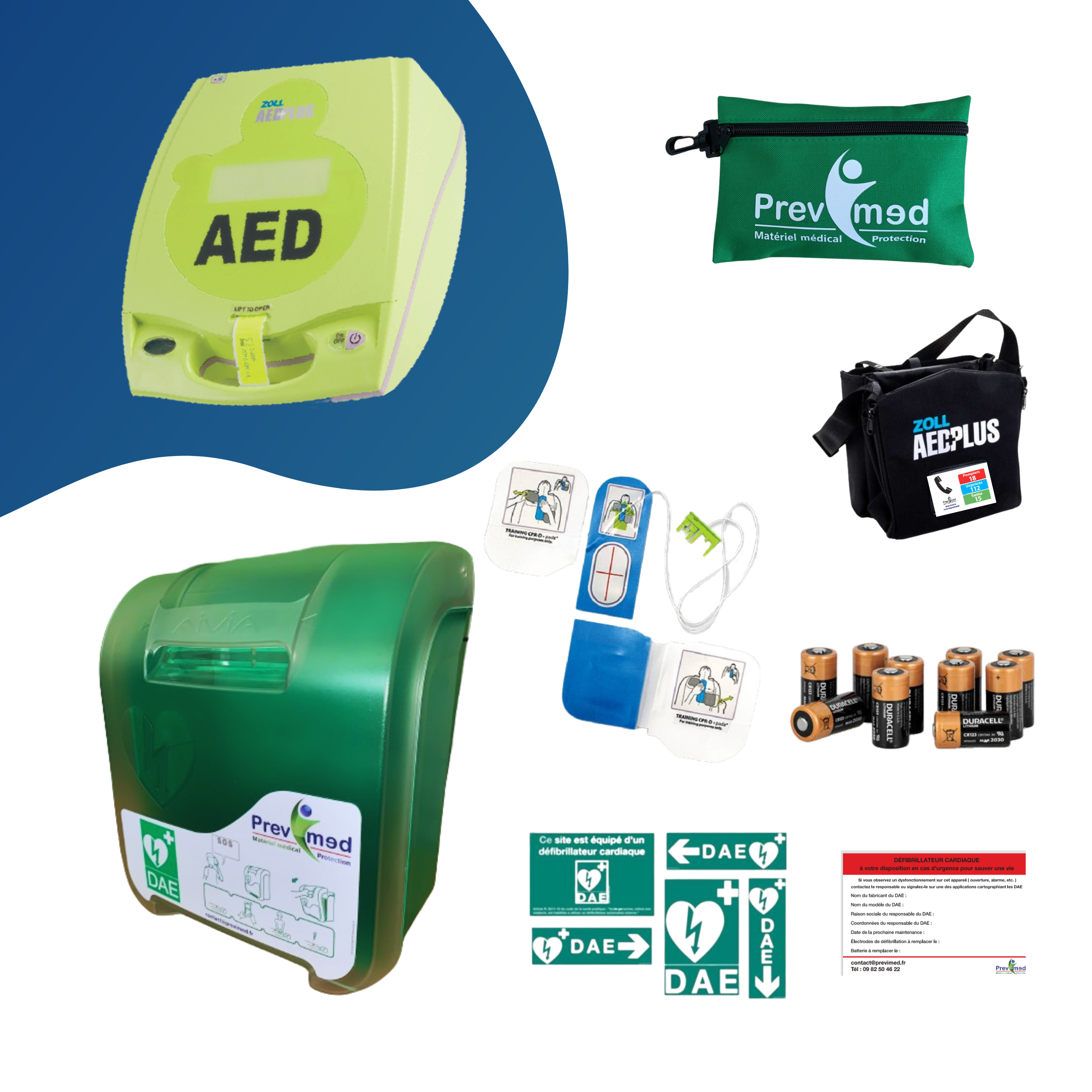 Pack intérieur : DEA ZOLL AED+, armoire Aivia IN (sans alarme), kit de premiers secours, signalétiques