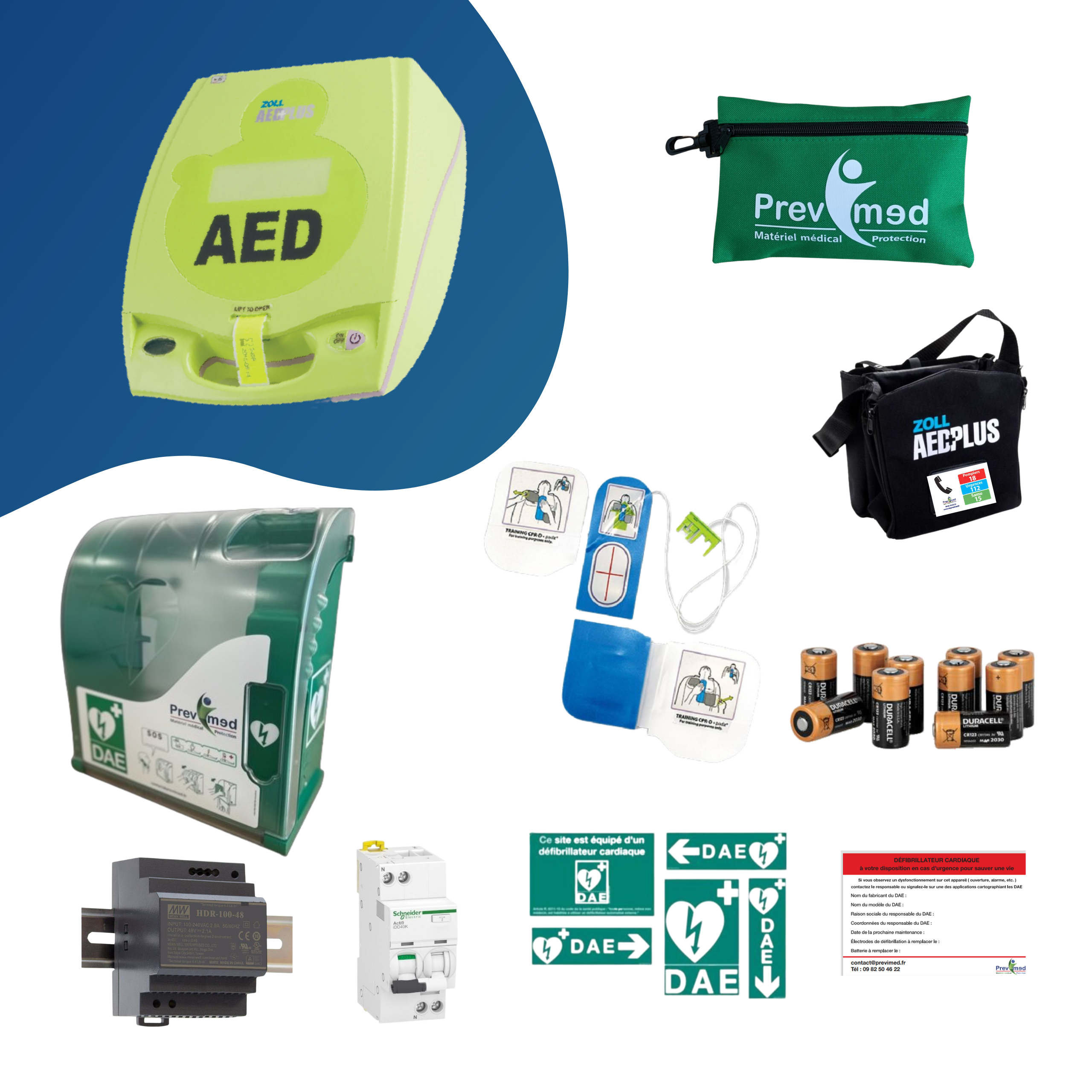 Pack extérieur : DEA Zoll AED+, armoire Aivia 200 (avec alarme), kit de premiers secours, signalétiques