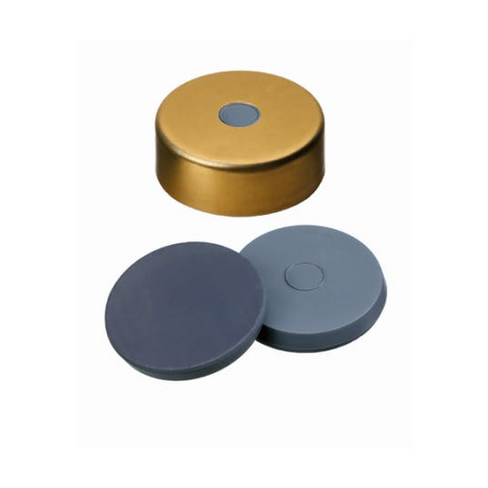 Bouchon à sertir de 20 mm en acier magnétique doré avec septa Butyle gris / PTFE gris moulé 3mm x100