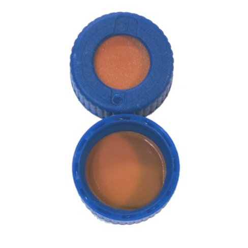 Bouchon à vis de 9 mm en polypropylène bleu avec septa en caoutchouc naturel rouge / TEF transparent x1000