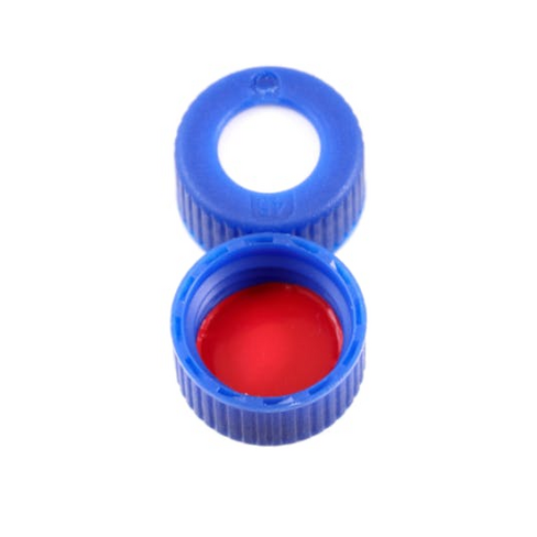 Bouchon à vis de 9 mm en polypropylène bleu avec septa en silicone blanc / PTFE rouge x100