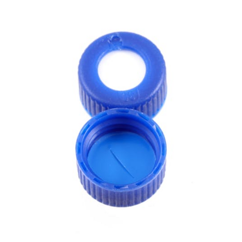 Bouchon à vis de 9 mm en polypropylène bleu avec septa pré-fendu silicone blanc / PTFE bleu x100