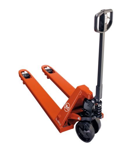 Transpalette avec hauteur en position basse 55 mm avec roues directrices nylon et galet double nylon