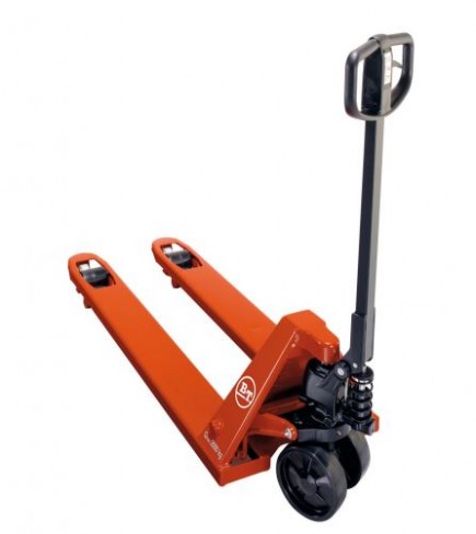 Transpalette avec hauteur en position basse 55 mm avec roues directrices nylon et galet double nylon
