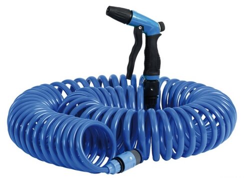 Tuyau d'eau spirale avec pistolet et raccords - 9 x 12 mm - l. 18 m - bleu