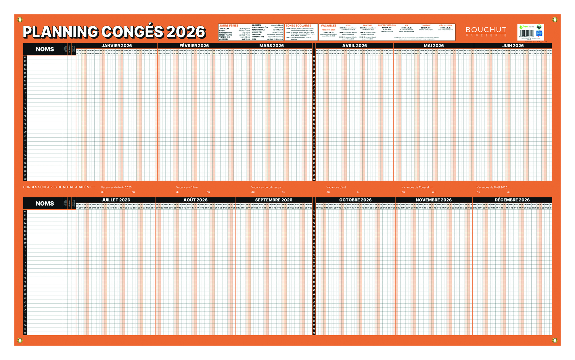 Planning annuel des congés et absences - 60 x 99 cm
