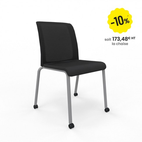 Lot de 4 chaises visiteur 4 pieds Reply Air - assise tissu- noir - dossier résille noire- piétement platinium métallisé-