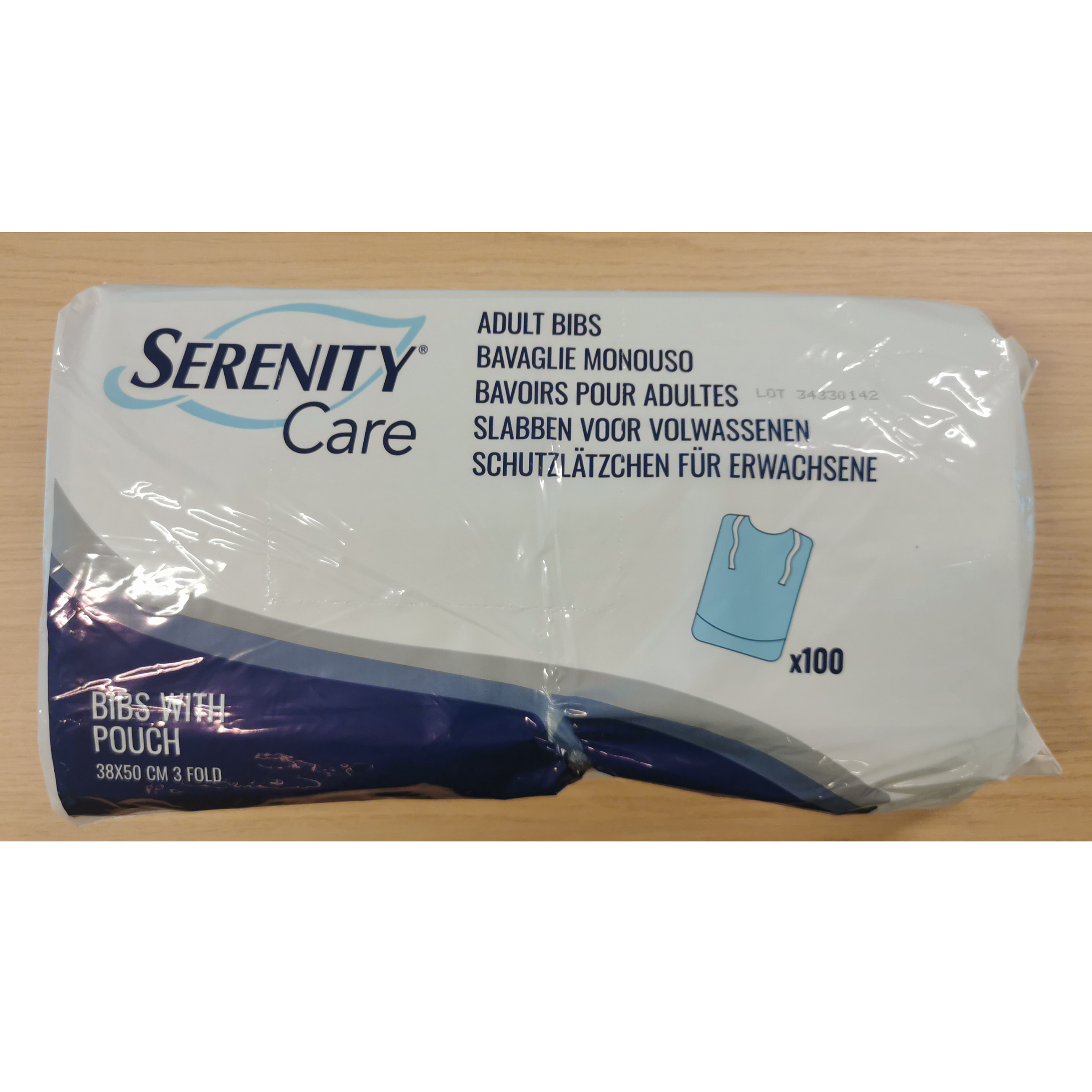 Bavoir jetable Serenity Care Adulte à poche - 3 plis - 38 x 50 cm - 1 palette de 36000 unités