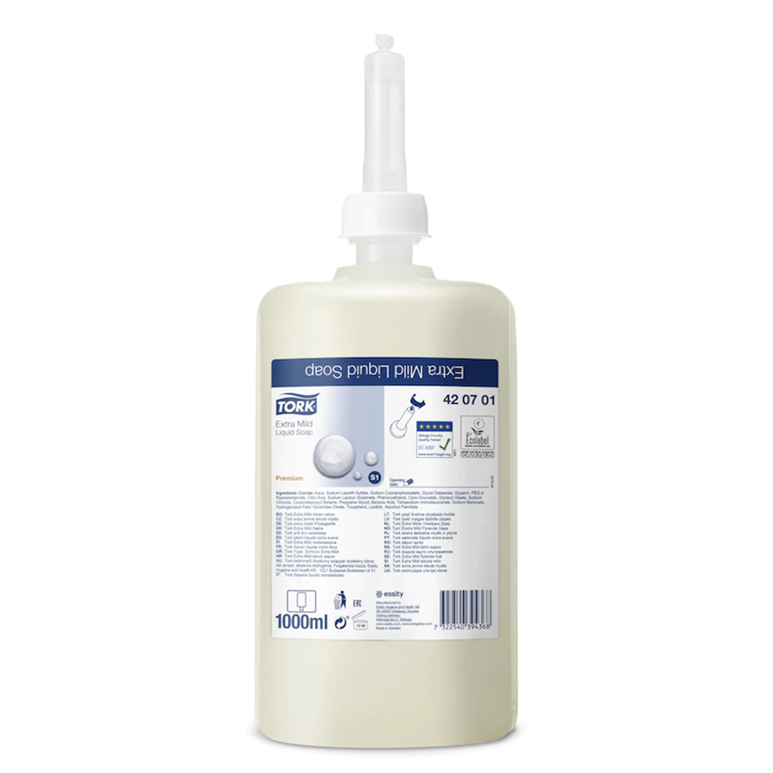 Savon liquide doux - S1 Tork - Ecolabel sans parfum - carton de 6 x 1 l
