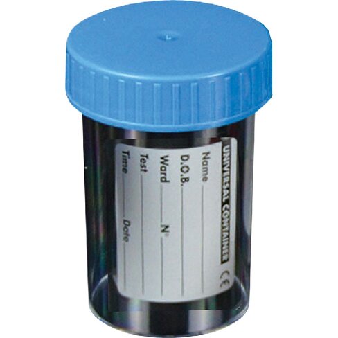 Flacon 60 ml PS avec couvercle bleu clair et étiquette x 500
